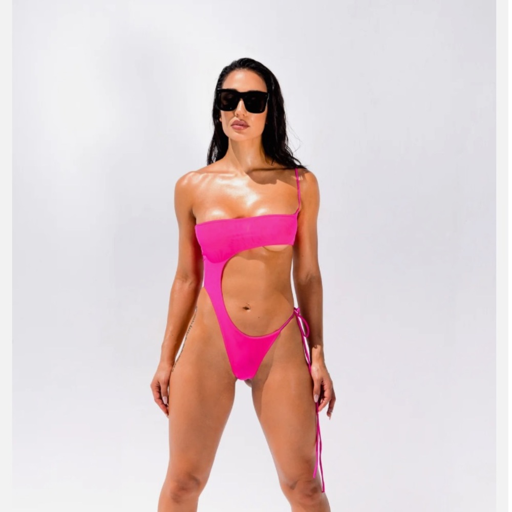 Lips + honey Naomi one piece mesh swimsuit in neon pink